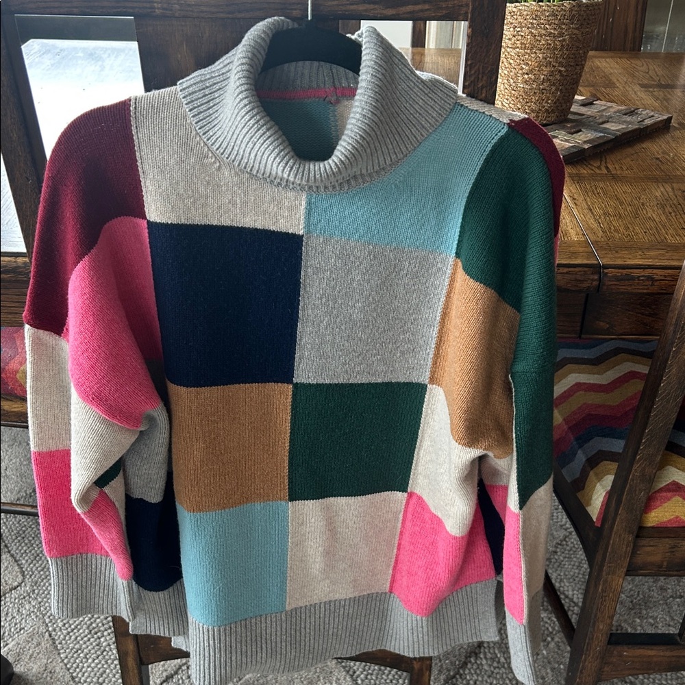 Boden 100% Merino Wool Large Turtleneck Colorblock Patchwork Sweater